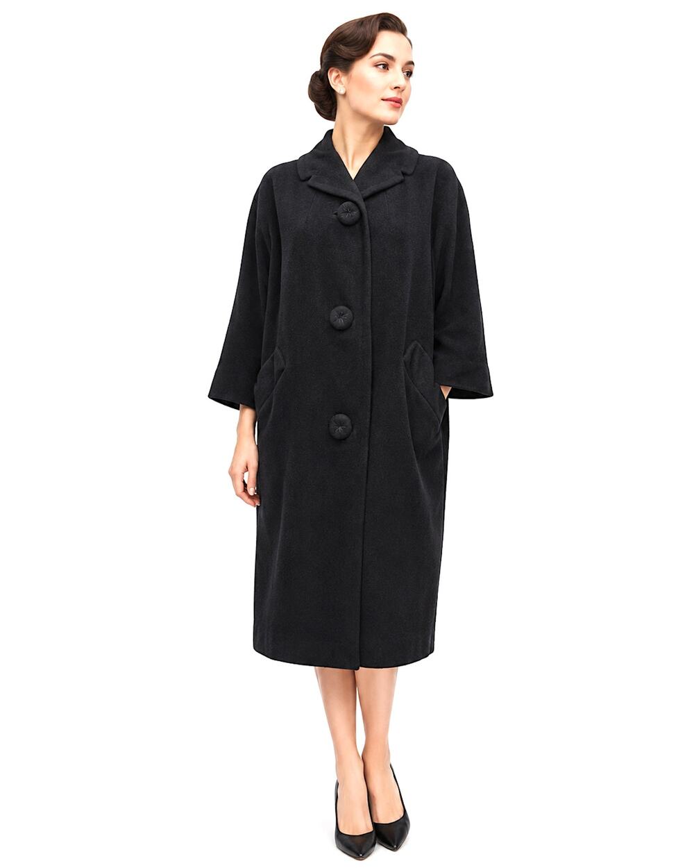 Vintage 50s Fleurette Black 100% Cashmere Coat Union Label 3/4 Sleeve S